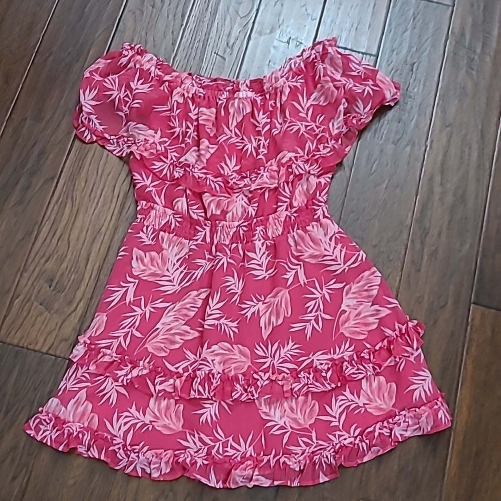 NWT Jessica Simpson Pink Tropical Print Ruffled Off the Shoulder Dress sizeLarge